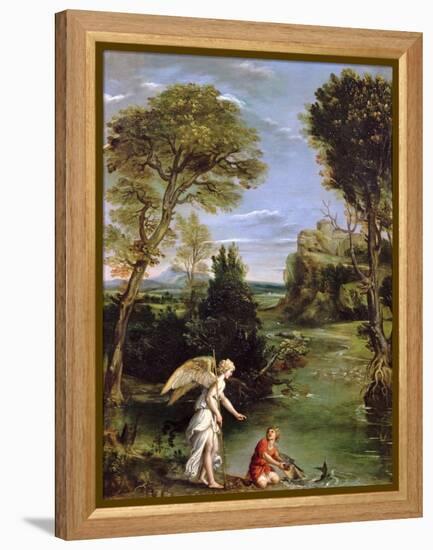 Landscape with Tobias Laying Hold of the Fish, circa 1615-Domenichino-Framed Premier Image Canvas