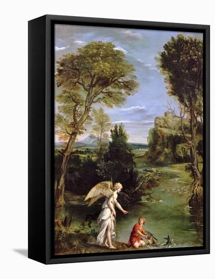 Landscape with Tobias Laying Hold of the Fish, circa 1615-Domenichino-Framed Premier Image Canvas