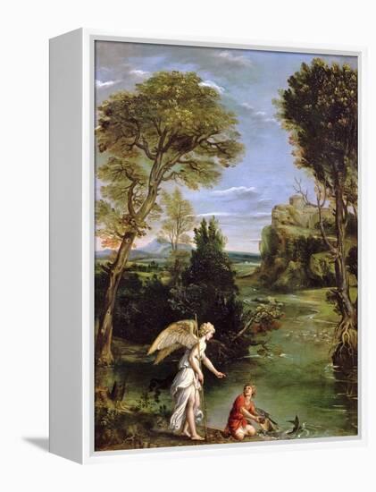 Landscape with Tobias Laying Hold of the Fish, circa 1615-Domenichino-Framed Premier Image Canvas