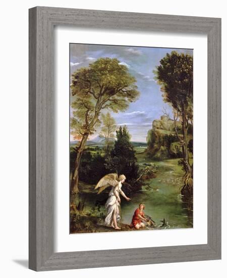 Landscape with Tobias Laying Hold of the Fish, circa 1615-Domenichino-Framed Giclee Print