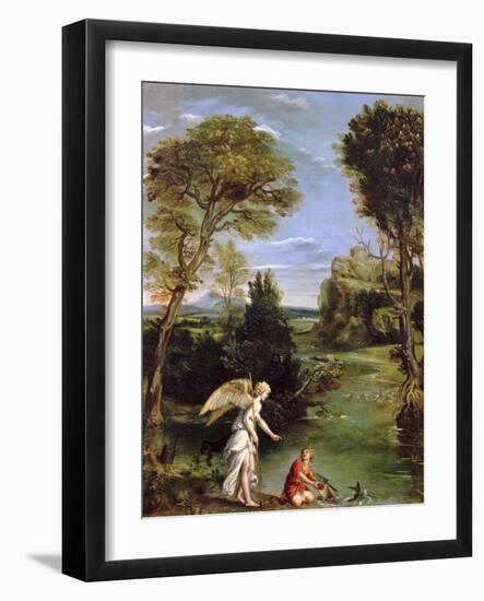 Landscape with Tobias Laying Hold of the Fish, circa 1615-Domenichino-Framed Giclee Print