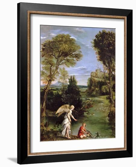 Landscape with Tobias Laying Hold of the Fish, circa 1615-Domenichino-Framed Giclee Print