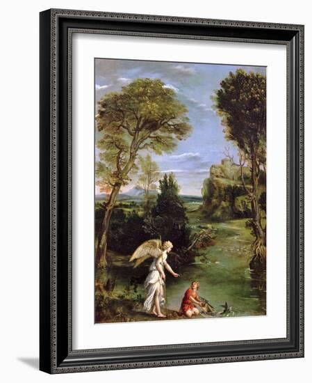 Landscape with Tobias Laying Hold of the Fish, circa 1615-Domenichino-Framed Giclee Print