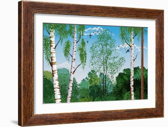 Landscape with Trunks of Birches and Pine Tree in the Foreground and Silhouettes of Different Trees-Milovelen-Framed Art Print