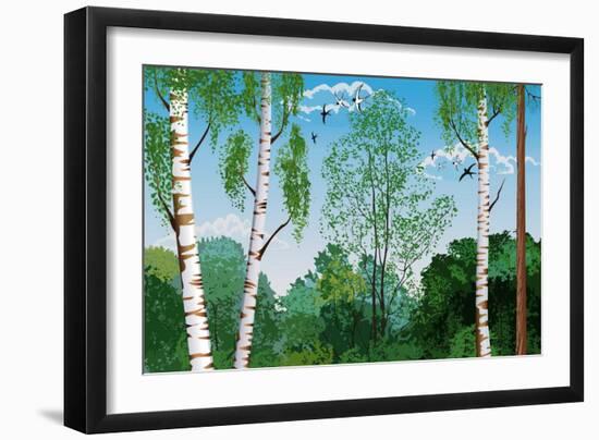 Landscape with Trunks of Birches and Pine Tree in the Foreground and Silhouettes of Different Trees-Milovelen-Framed Art Print