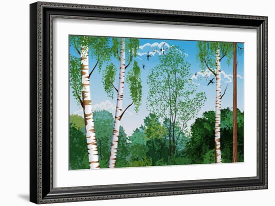 Landscape with Trunks of Birches and Pine Tree in the Foreground and Silhouettes of Different Trees-Milovelen-Framed Art Print