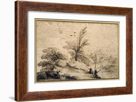 Landscape with Two Fishermen Resting-Guercino (Giovanni Francesco Barbieri)-Framed Giclee Print