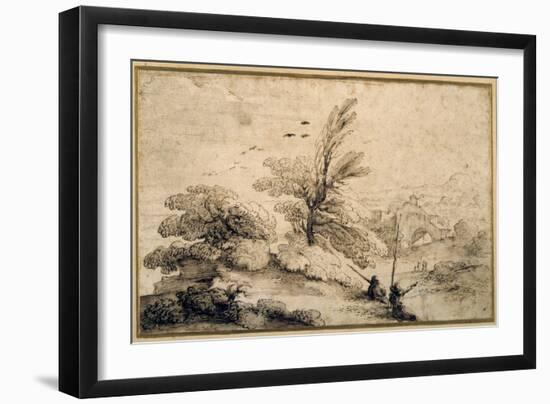 Landscape with Two Fishermen Resting-Guercino (Giovanni Francesco Barbieri)-Framed Giclee Print