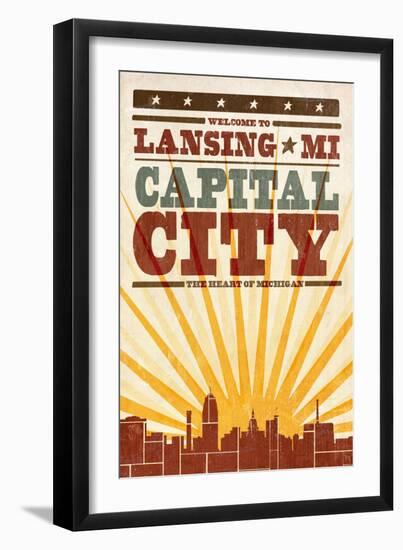 Lansing, Michigan - Skyline and Sunburst Screenprint Style-Lantern Press-Framed Art Print