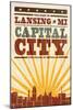 Lansing, Michigan - Skyline and Sunburst Screenprint Style-Lantern Press-Mounted Art Print