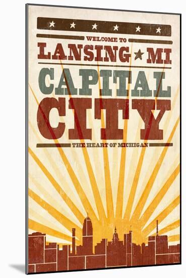 Lansing, Michigan - Skyline and Sunburst Screenprint Style-Lantern Press-Mounted Art Print