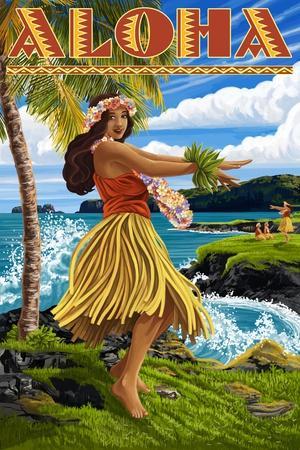 Aloha - Hawaii Hula Girl on Coast Premium Giclee Print - Lantern