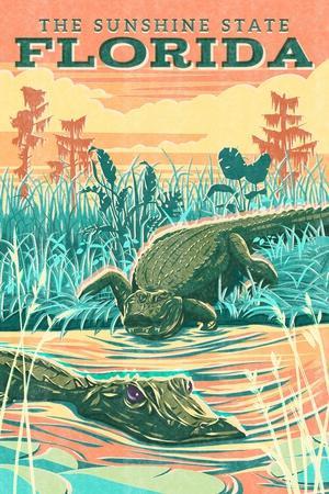 Florida - Alligator Vintage Print Press - The Sunshine State