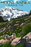 Glacier National Park, Montana - Mountain Goats & Waterfall - Lantern Press Artwork-Lantern Press-Art Print