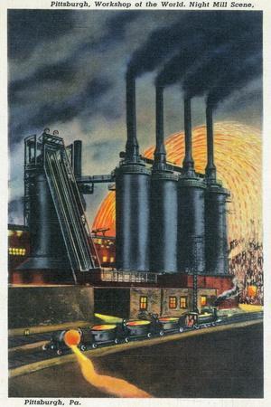 Pittsburgh, Pennsylvania - Steel Mill Scene at Night Premium