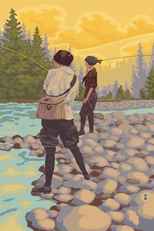 Fly Fishing Girl Happily Poster Art Print by Motelo Hocla