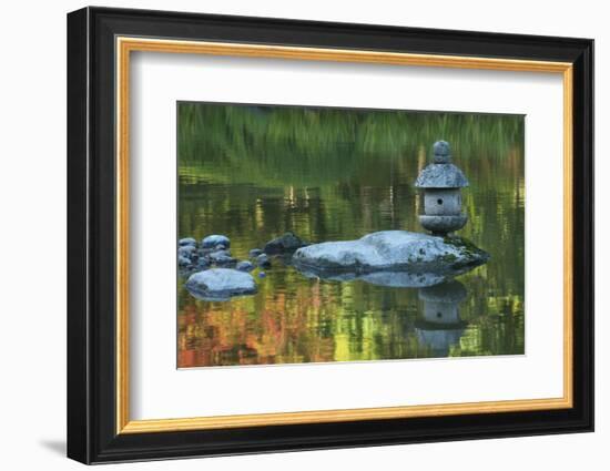 Lantern within a autumn colord pond, Seattle, Washington State-Greg Probst-Framed Photographic Print