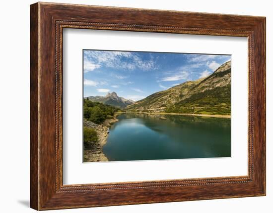 Lanuza lake and village and Pena Foratata peak in the scenic upper Tena Valley, Sallent de Gallego,-Robert Francis-Framed Photographic Print