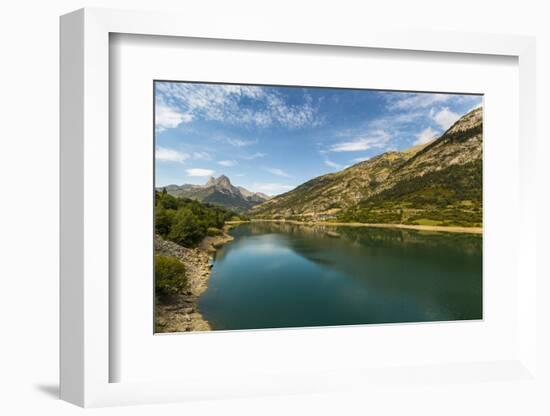 Lanuza lake and village and Pena Foratata peak in the scenic upper Tena Valley, Sallent de Gallego,-Robert Francis-Framed Photographic Print