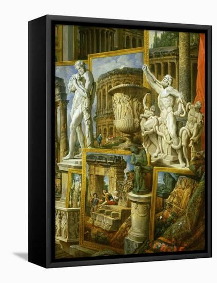 Laocoon, the Borghese Vase and Silenius Carrying the Infant Dionysos-Giovanni Paolo Pannini-Framed Premier Image Canvas