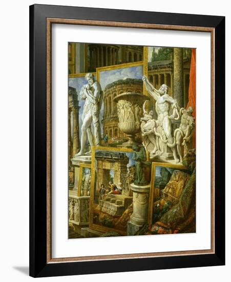 Laocoon, the Borghese Vase and Silenius Carrying the Infant Dionysos-Giovanni Paolo Pannini-Framed Giclee Print