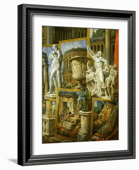 Laocoon, the Borghese Vase and Silenius Carrying the Infant Dionysos-Giovanni Paolo Pannini-Framed Giclee Print