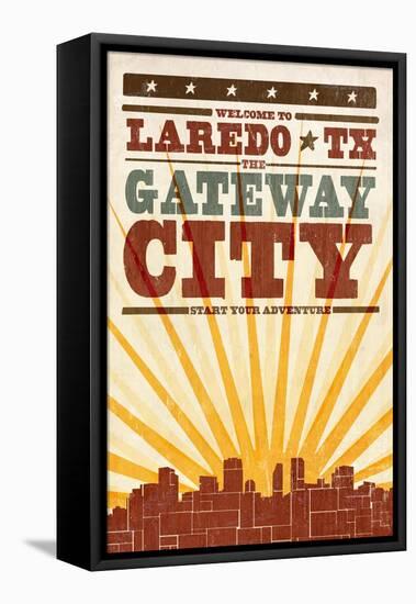 Laredo, Texas - Skyline and Sunburst Screenprint Style-Lantern Press-Framed Stretched Canvas