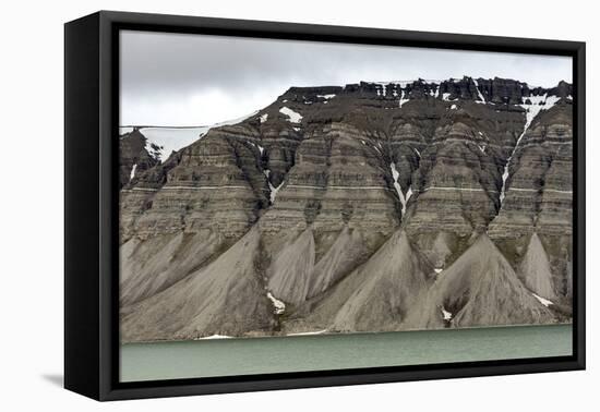 Large alluvial fans along wall of Tempelfjorden, Spitsbergen, Svalbard, Arctic-Tony Waltham-Framed Premier Image Canvas