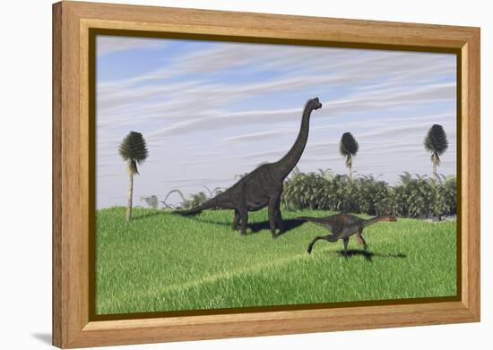 Large Brachiosaurus and a Gigantoraptor in a Grassy Field-null-Framed Stretched Canvas