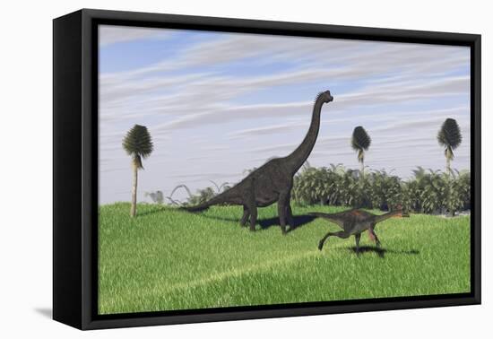 Large Brachiosaurus and a Gigantoraptor in a Grassy Field-null-Framed Stretched Canvas