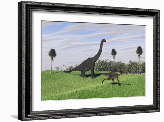 Large Brachiosaurus and a Gigantoraptor in a Grassy Field-null-Framed Art Print