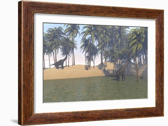 Large Brachiosaurus Grazing in a Tropical Climate-null-Framed Art Print