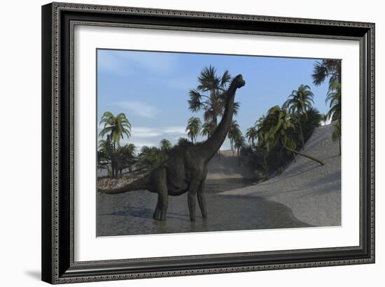 Large Brachiosaurus in Shallow Water-null-Framed Art Print