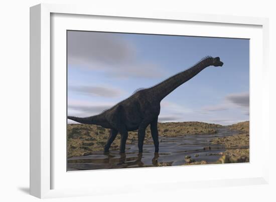 Large Brachiosaurus Walking Along a Dry Riverbed-Stocktrek Images-Framed Art Print