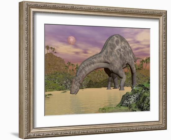 Large Dicraeosaurus Dinosaur Drinking Water-null-Framed Art Print