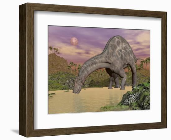 Large Dicraeosaurus Dinosaur Drinking Water-null-Framed Art Print