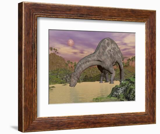 Large Dicraeosaurus Dinosaur Drinking Water-null-Framed Art Print