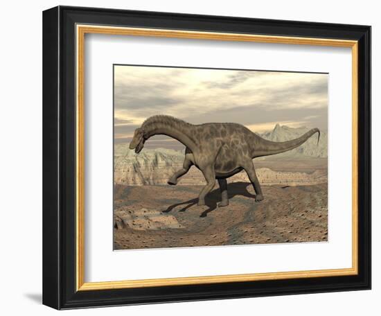 Large Dicraeosaurus Dinosaur Walking on Rocky Terrain-null-Framed Art Print