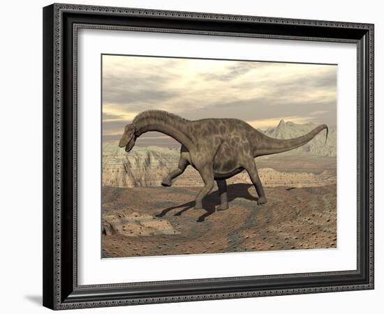 Large Dicraeosaurus Dinosaur Walking on Rocky Terrain-null-Framed Art Print