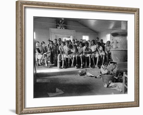 Large Group of Mostly African American Students in a Ramshackle One Room Schoolhouse-Ed Clark-Framed Photographic Print