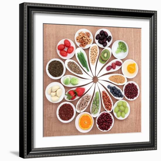 Large Health Food Selection In White Porcelain Bowls And Dishes Over Papyrus Background-marilyna-Framed Premium Giclee Print