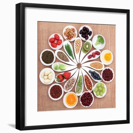 Large Health Food Selection In White Porcelain Bowls And Dishes Over Papyrus Background-marilyna-Framed Art Print