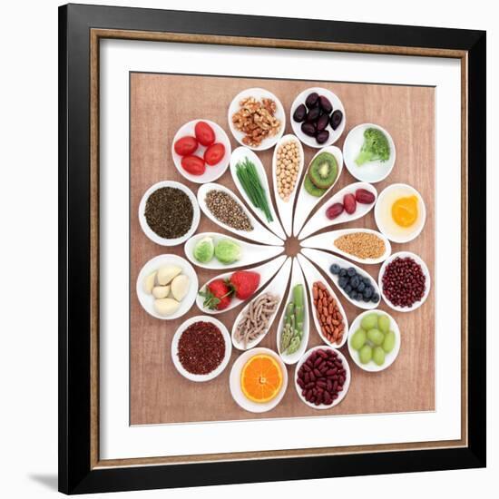 Large Health Food Selection In White Porcelain Bowls And Dishes Over Papyrus Background-marilyna-Framed Art Print