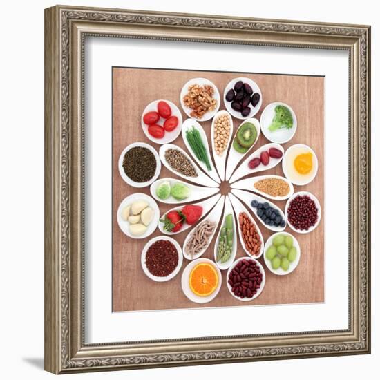 Large Health Food Selection In White Porcelain Bowls And Dishes Over Papyrus Background-marilyna-Framed Art Print