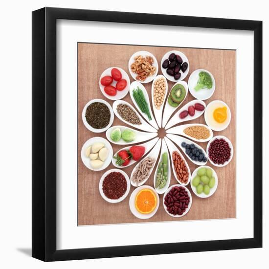 Large Health Food Selection In White Porcelain Bowls And Dishes Over Papyrus Background-marilyna-Framed Art Print