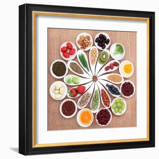 Large Health Food Selection In White Porcelain Bowls And Dishes Over Papyrus Background-marilyna-Framed Art Print