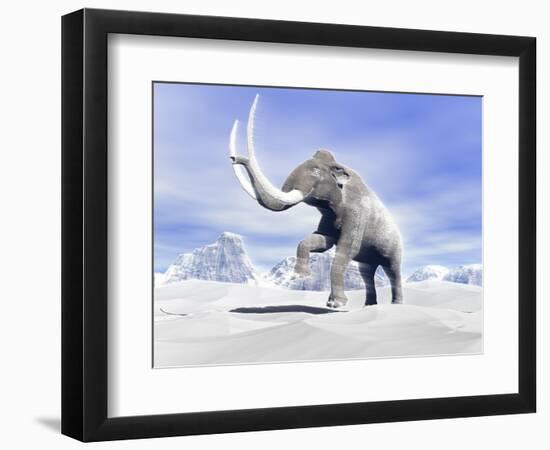 Large Mammoth Walking Slowly on the Snowy Mountain Against the Wind-null-Framed Art Print