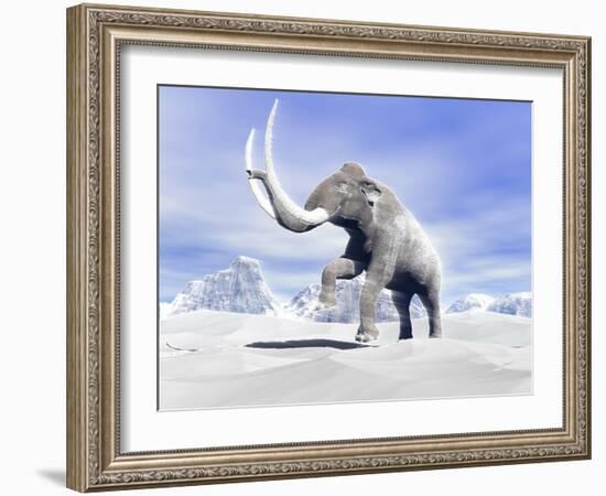 Large Mammoth Walking Slowly on the Snowy Mountain Against the Wind-null-Framed Art Print