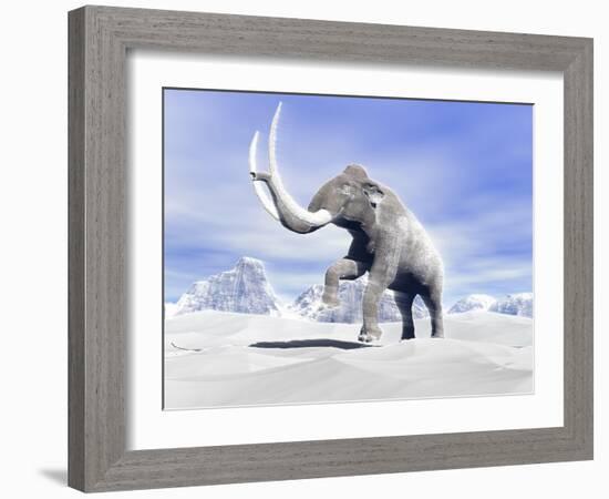 Large Mammoth Walking Slowly on the Snowy Mountain Against the Wind-null-Framed Art Print