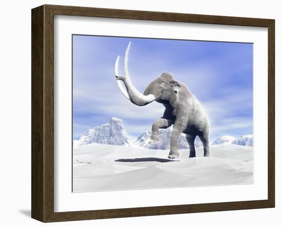 Large Mammoth Walking Slowly on the Snowy Mountain Against the Wind-null-Framed Art Print